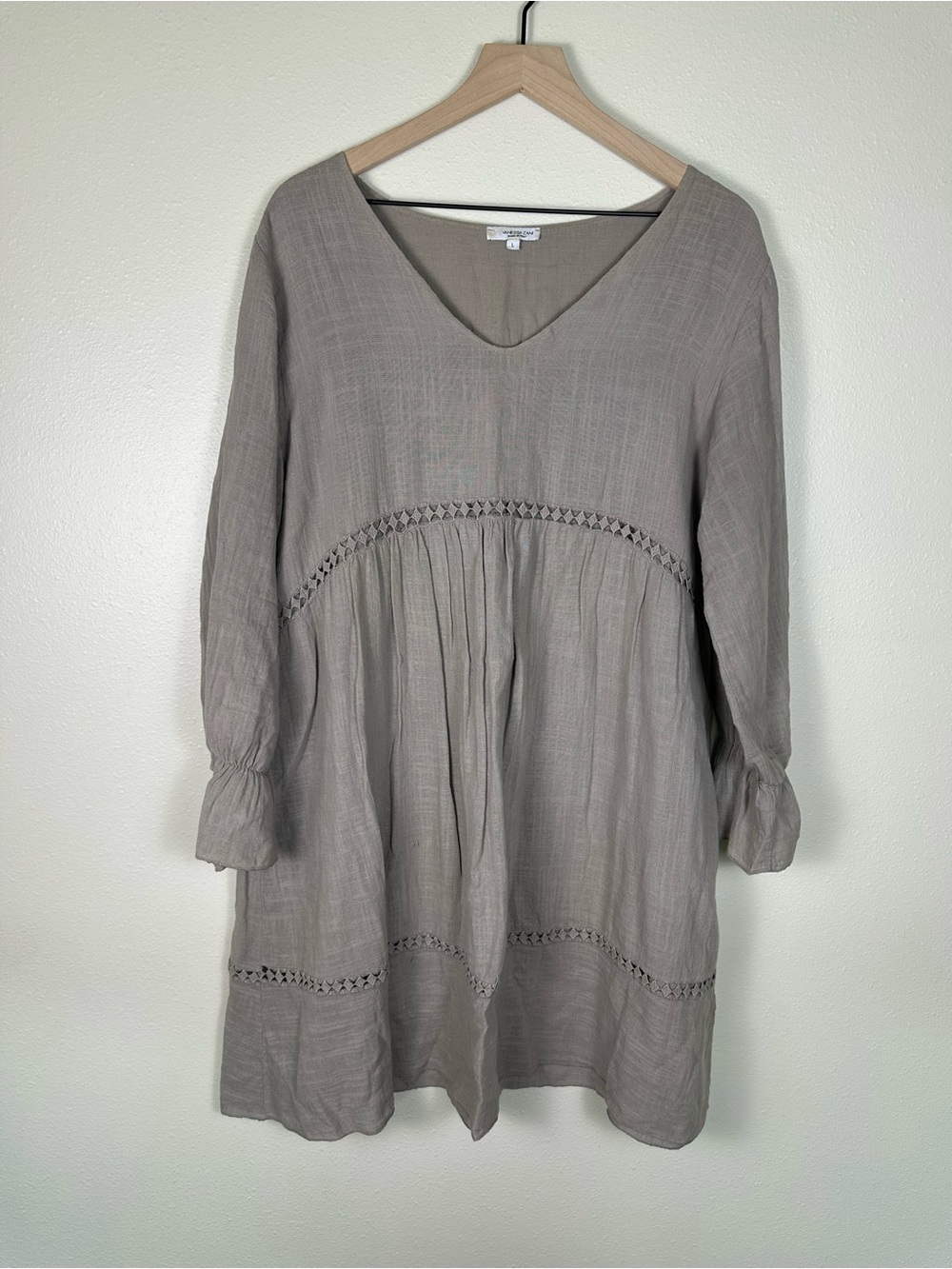 VANESSA‎ ZANI Italian Women Large Boho Eyelet Taupe V-Neck Babydoll Tunic Dress
